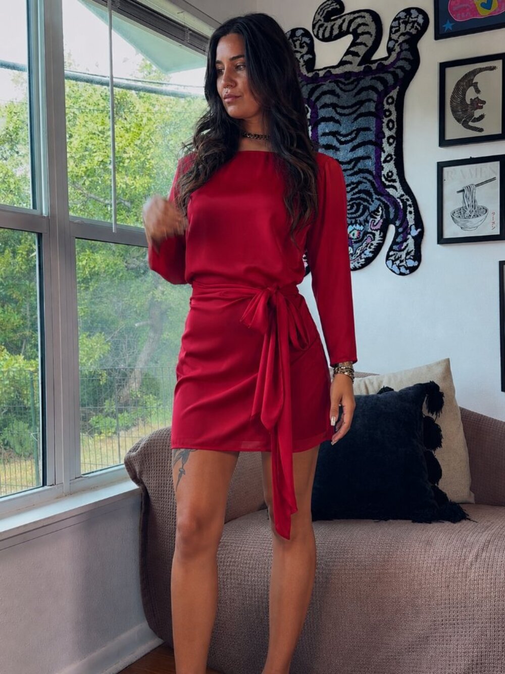 Vintage French Drop Waist Dress Size Large Red Midi